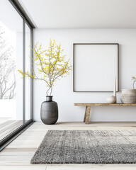 Elegant minimalist room interiors with Japanese decor, in neutral contrasting tone with lots of window lighting and copy space. Property advertising conceptual image for Real Estate.