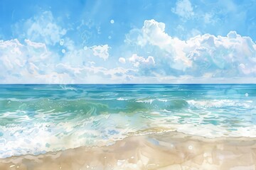 Obraz premium Stunning watercolor painting of a tranquil beach with clear blue waves, white sand, and a bright sky filled with fluffy clouds.