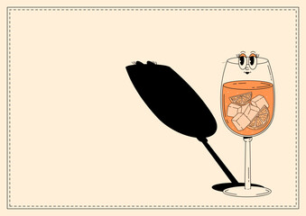 Groovy character Aperol spritz. Retro banner alcoholic beverage with empty space. Retro vector illustration 70s, 80s style