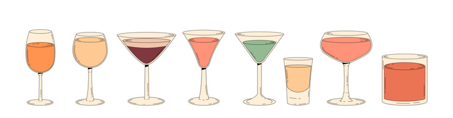 A set vintage summer cocktails. Concept for cafe bar and cocktail lounge. Retro vector illustrations 70s, 80s style