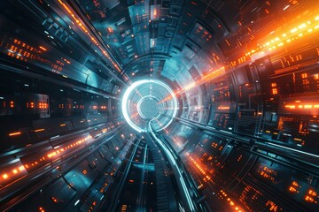 Fototapeta premium Futuristic spaceship interior corridor with glowing lights, high-tech design, and a sense of speed and motion. Perfect for science fiction, technology, and cyberpunk themes.