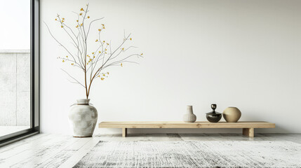 Elegant minimalist room interiors with Japanese decor, in neutral contrasting tone with lots of window lighting and copy space. Property advertising conceptual image for Real Estate.