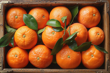 Top view of clementines in a wooden crate. Generative AI