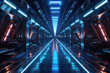 Futuristic metallic hallway with glowing neon lights, perfect for sci-fi or cyberpunk backgrounds. Explore themes of technology, the future, and digital worlds.