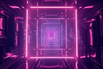 Neon Tunnel. Futuristic Purple and Pink Glowing Lights Background