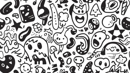 Obraz premium A whimsical seamless pattern featuring hand-drawn black and white doodles of cute monsters, stars, and abstract shapes.
