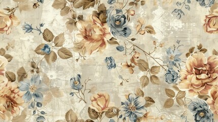 A seamless pattern of delicate floral designs in shades of blue, brown and beige.