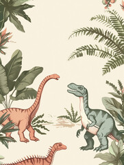 Adorable card template and frame with dinosaurs, dino and tree background, post card, birthday card room decoration, notebook notepads page with copy space and space for greetings