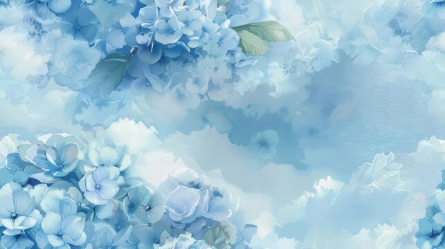 Seamless pattern of delicate blue hydrangeas and white clouds on a soft blue background.