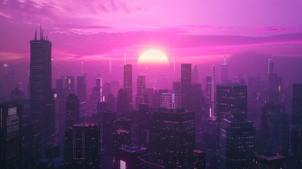 Fototapeta premium vaporwave style city skyline with buildings and skyscrapers, a purple sun is setting in the background, cyberpunk aesthetic, dark fantasy, neon lights