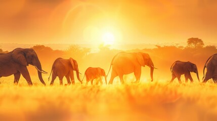 Fototapeta premium A herd of elephants walks through tall grass towards the setting sun. The golden light bathes the scene in a warm glow.