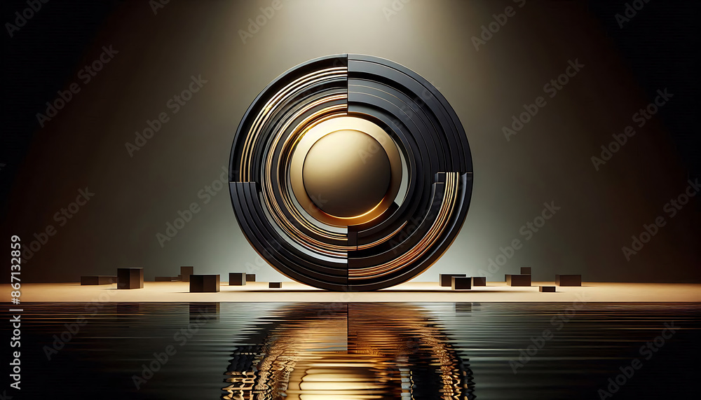 Poster a dark and luxurious 3d rendering of a gold and black abstract design. the design is made up of conc
