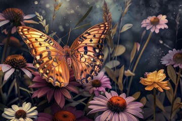 Obraz premium Beautiful orange butterfly with black stripes resting on purple coneflowers in a garden, enjoying the summer day