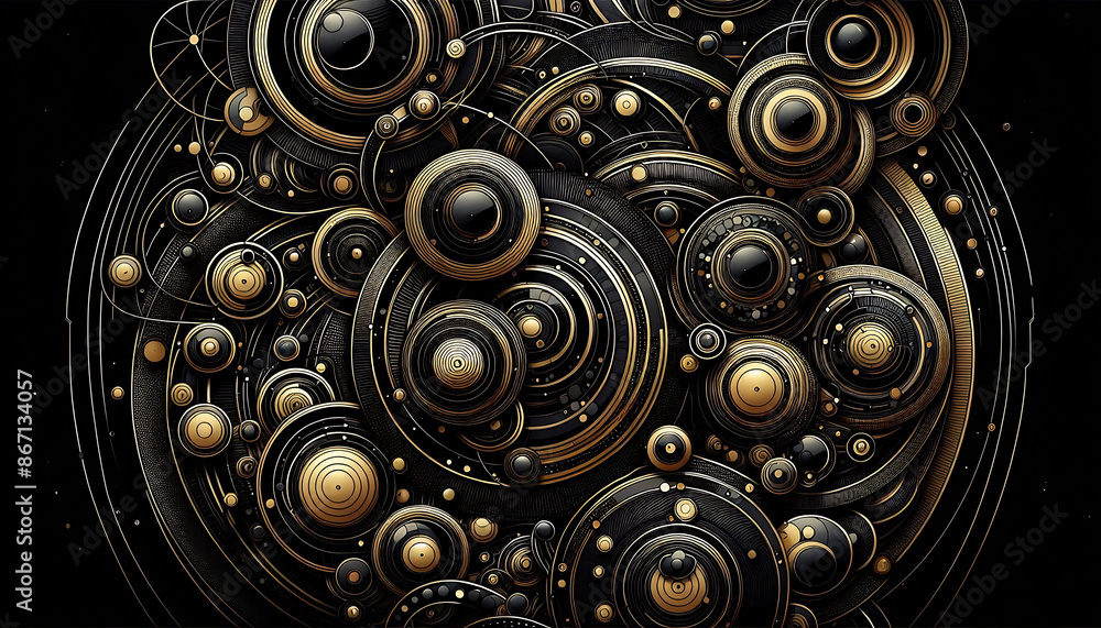 Poster a black and gold abstract design with a complex pattern of circles and spheres. the design is set ag