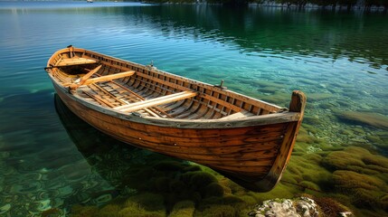Obraz premium A wooden boat rests on the shore of a calm lake.