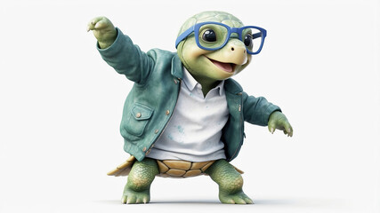 A cute turtle in a jacket and glasses dances on a light background