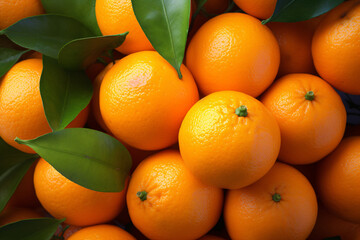 Close up of many whole orange fruits with leaves