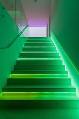 Minimalist staircase design with dynamic green and cyan RGB lighting, creating a fresh feel.