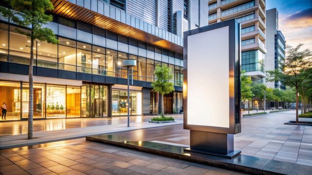 Modern urban landscape featuring empty sleek white digital billboard on trendy upscale shopping mall exterior for advertisement template.