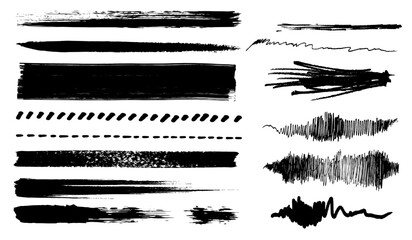 Set of brush stroke, pencil, charcoal. Vector crayon hand drawn, chalk, underline, dots.