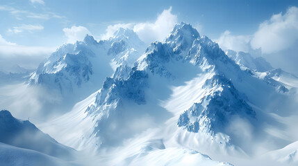 Obraz premium Majestic snowy mountain peak towering above the clouds, its pristine white slopes contrasting against the deep blue sky