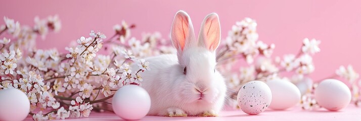 Cute white bunny and easter eggs on pink background. Easter concept.