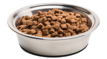 Metal bowl with dog dry food isolated on a transparent background