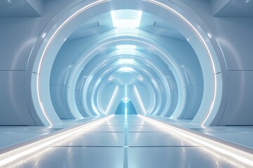 Obraz premium Futuristic white hallway with glowing lights and portal. Concept of science fiction, technology, future, and innovation.