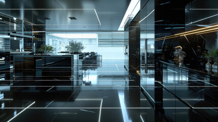 Enter a futuristic kitchen, with glossy black floors, high-tech appliances, and LED-lit glass walls. Sleek, modern, and functional.
