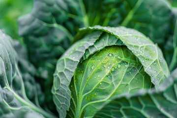 Fototapeta premium Green cabbage with water drops growing in the farm field