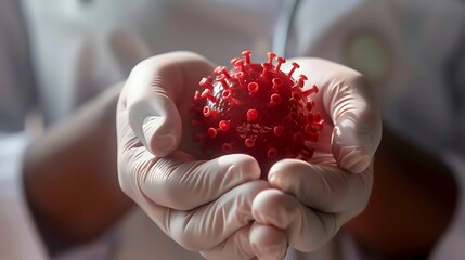 selective focus. hepatitis disease or COVID-19 infection medical. Image of mock-up that looks like cell virus in the doctor's hand with white gloves. World hepatitis day
