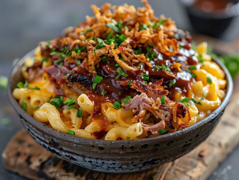 BBQ pulled pork mac and cheese with a smoky sauce, topped with crispy onions, served in a rustic bowl