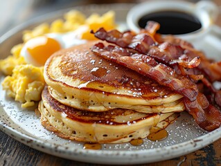 Buttermilk pancakes with crispy bacon strips and a side of scrambled eggs, served on a classic diner plate