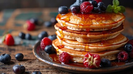 Classic buttermilk pancakes stacked high, topped with fresh berries and a drizzle of maple syrup, served on a rustic wooden table