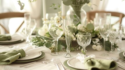 Fototapeta premium The table is adorned with delicate white linens accented with earthy green napkins and small sprigs of wildflowers.