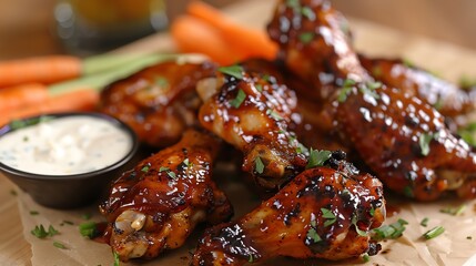 Fried chicken wings with a honey BBQ glaze, served with carrot sticks and ranch dipping sauce
