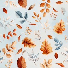 Watercolor Autumn Leaves Pattern on Blue Background