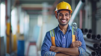 A male construction engineer In a helmet with a wrench and pliers over the background of an empty room