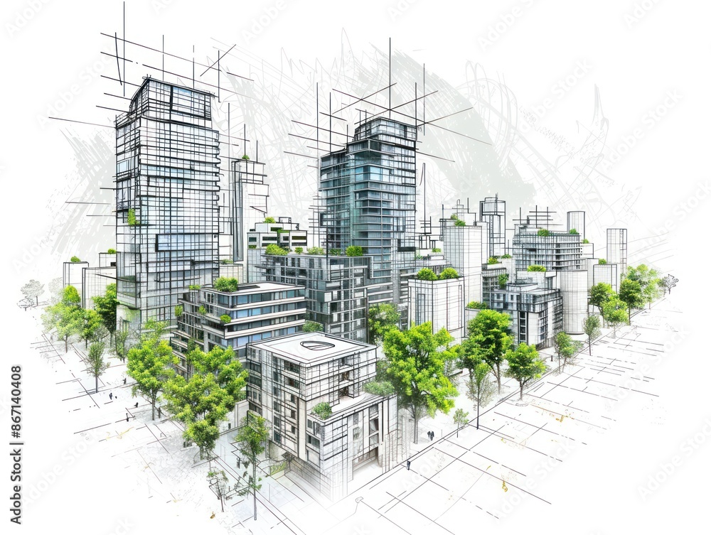 Poster drawing 3d architecture city building sketch lines with green tree on white background