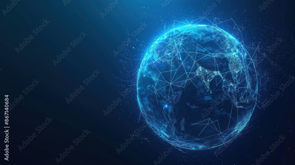Poster futuristic globe with abstract connected lines and blue neon color isolated on dark background