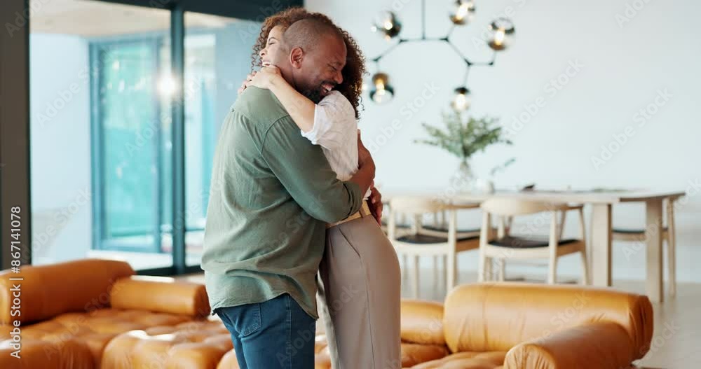 Poster Couple, dancing and hug in lounge, happy and excited for new home, love and saving for dream house. Living room, man and woman in commitment of marriage, mortgage and embrace for celebration and loan