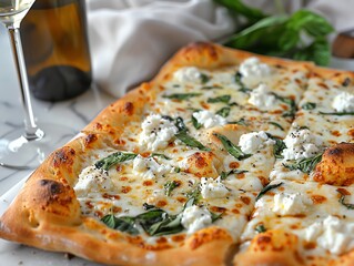 Pizza bianca with ricotta cheese, garlic, and spinach, styled on a sleek marble countertop with a glass of white wine
