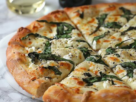 Pizza bianca with ricotta cheese, garlic, and spinach, styled on a sleek marble countertop with a glass of white wine