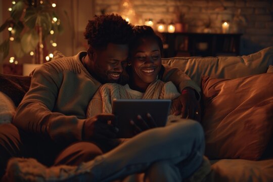An intimate evening shot of a young couple sitting close together on a comfortable loveseat, streaming a romantic comedy on a tablet. The soft glow of the screen illuminates their faces as they share