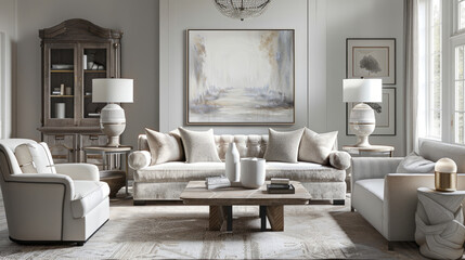 Enter a transitional living room adorned in neutral tones of soft gray and cream, where a mix of textures reigns supreme.