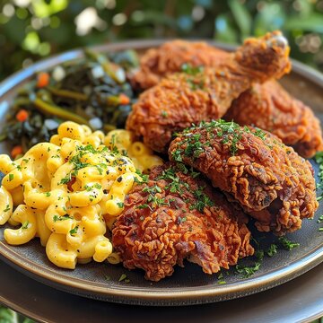 Southern fried chicken with a crispy coating, served with mac and cheese and collard greens