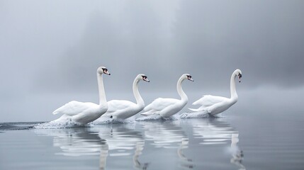 Obraz premium Majestic swans glide on a lake, their white feathers and long necks creating a serene and beautiful image as they move gracefully across the water