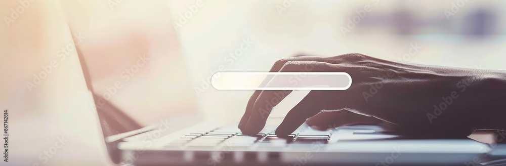 Poster closeup of a hand typing on a laptop keyboard with a search bar overlay, showing modern technology a