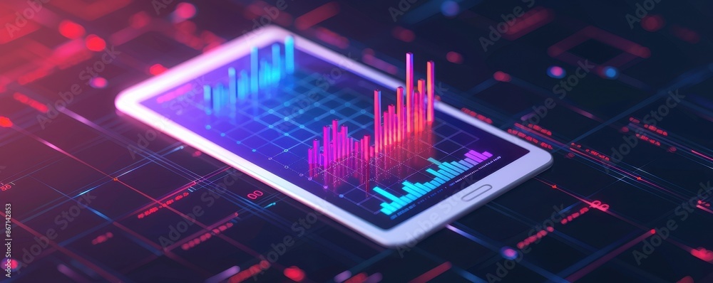 Poster A digital tablet displaying colorful 3D graphs and charts, representing financial data analysis and technology advancements.