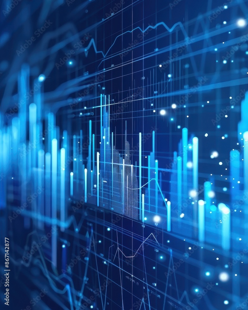 Poster A digital stock market chart showcasing financial data analysis with glowing blue graphs and lines representing market trends and analytics.